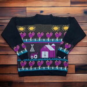 VINTAGE 80s Farmhouse Knit Sweater Pullover Neon Cottagecore Western Size XL